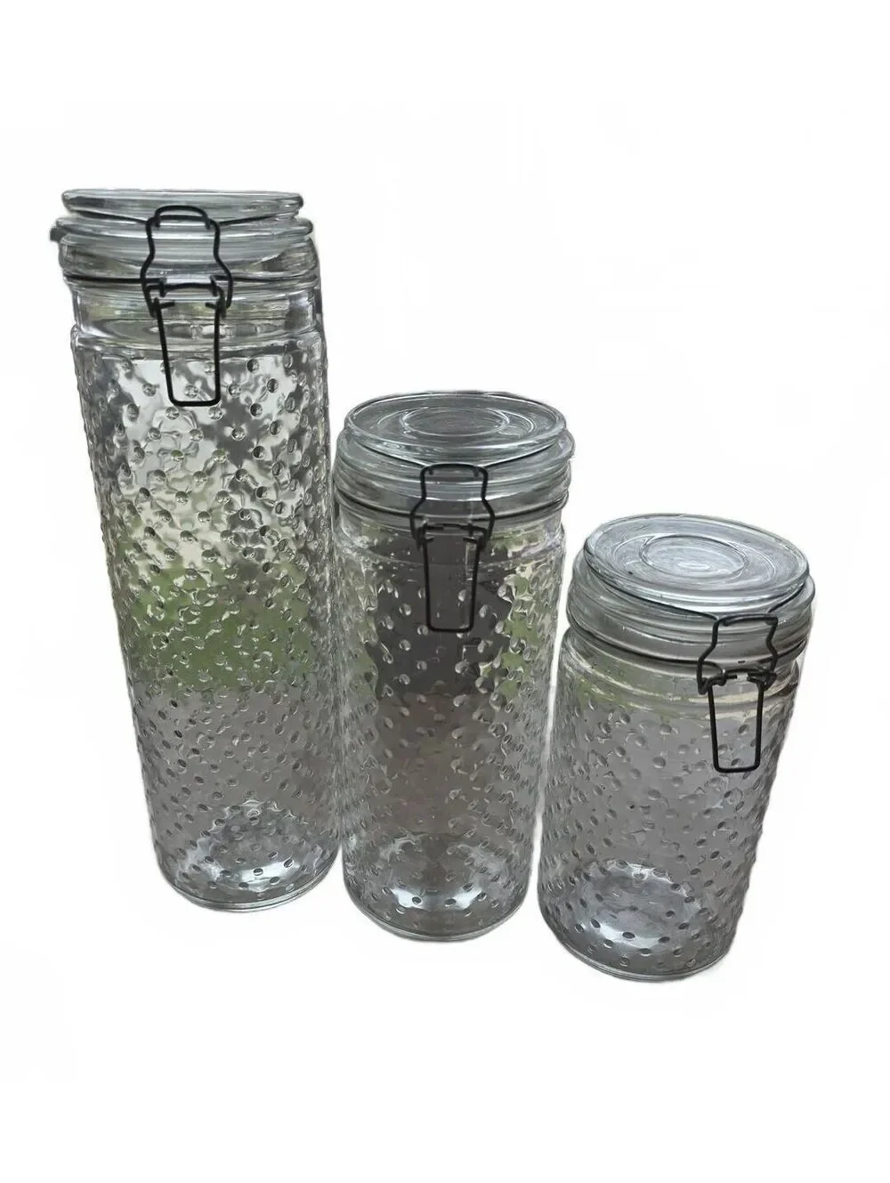 Set of 3 Clear Hobnail Glass Canisters Wire Bail Clamp Lids